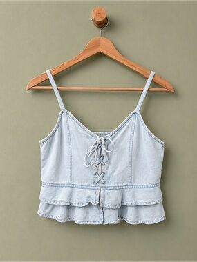 ASOS Denim Lace-Up Ruffle Peplum Cami Top | Light Wash | UK 10 / US 6